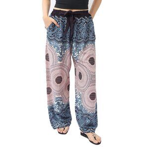 Women Boho Harem Pants - Ribbon and Elastic Waist, Brown and Blue Beachwear